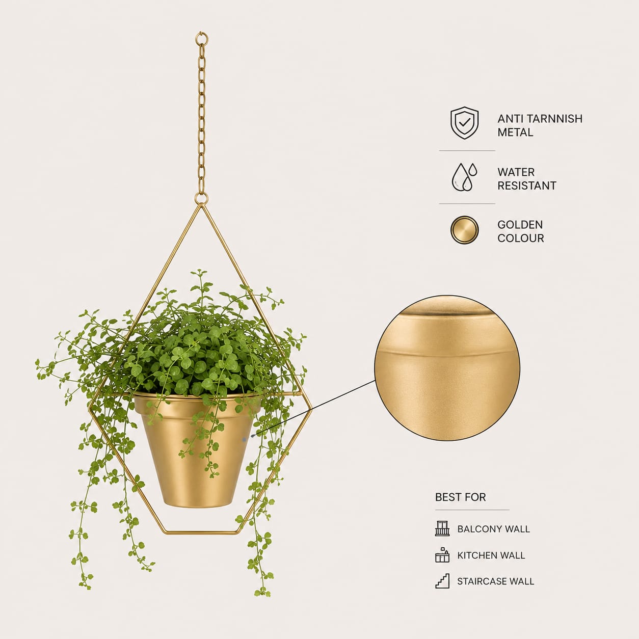 Set of 2 Gold Geometric Hanging Metal Planters with Live Boston Fern & Turtle Vine - Image 2