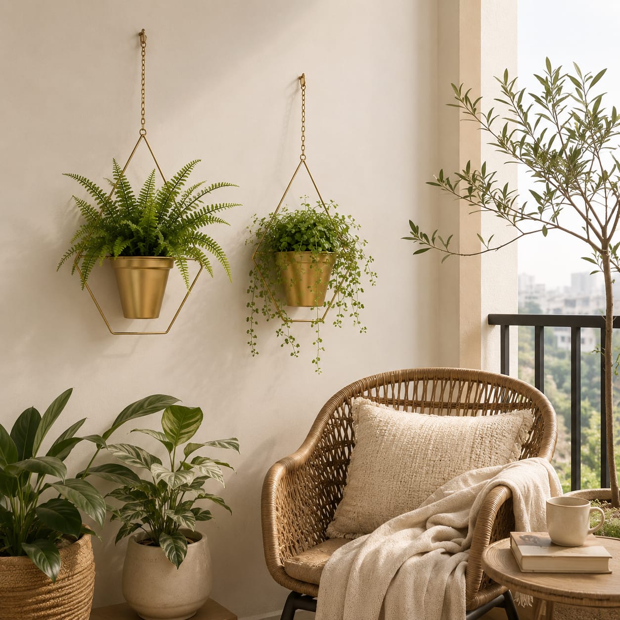 Set of 2 Gold Geometric Hanging Metal Planters with Live Boston Fern & Turtle Vine - Image 3