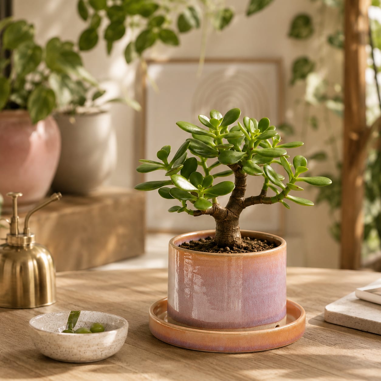 Live Jade Bonsai Plant in Premium Ceramic Pot with Drainage Tray - Image 3